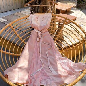 Blush Pink Floral Appliqué Tie Waist Flowy Maxi Slip Dress